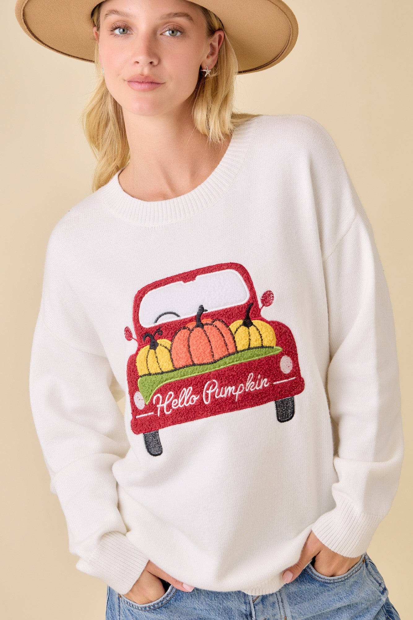Pumpkin Truck Patchwork Sweater Knit Top