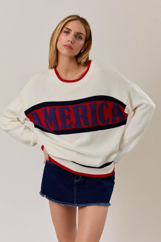 "America" Graphic Long Sleeve Crew Neck Sweater