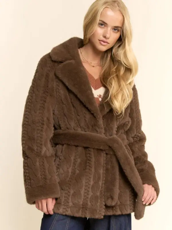 Cable-Textured Faux Fur Belted Coat