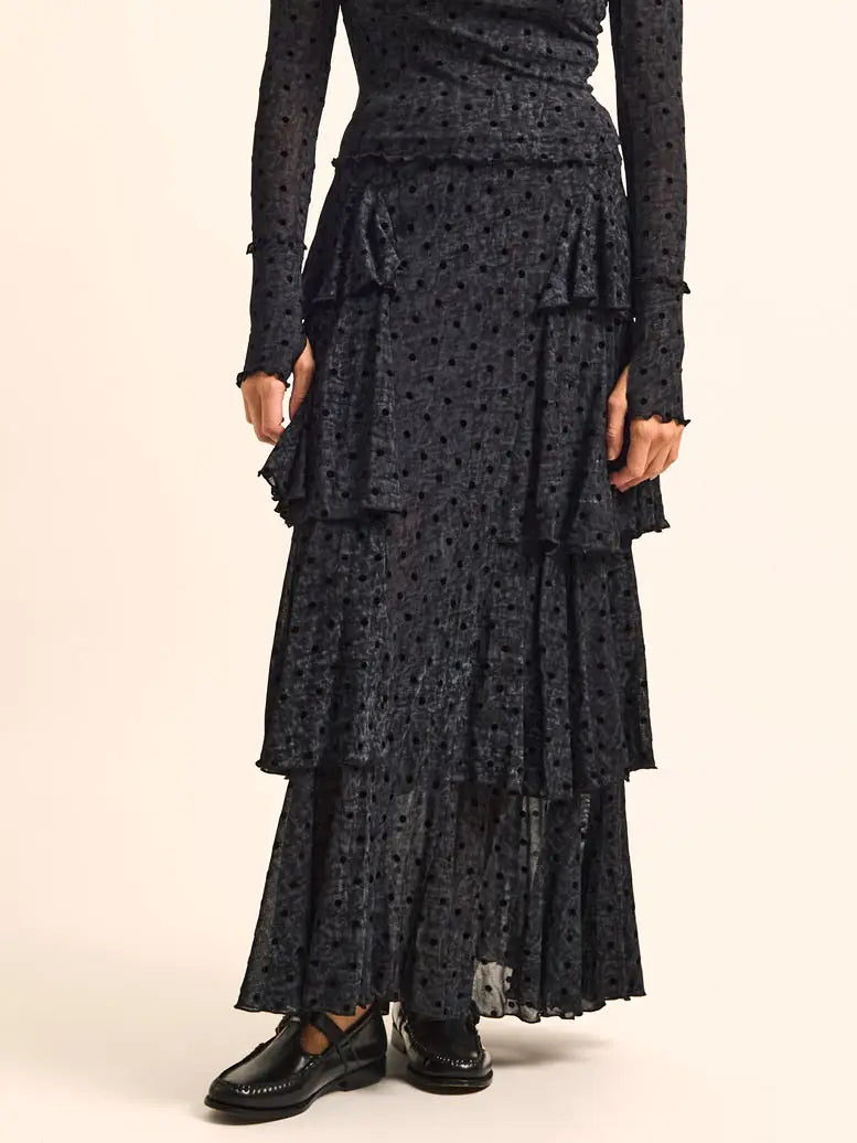Flocked Polka Dot Mesh Tiered Ruffle Cascade Maxi Skirt