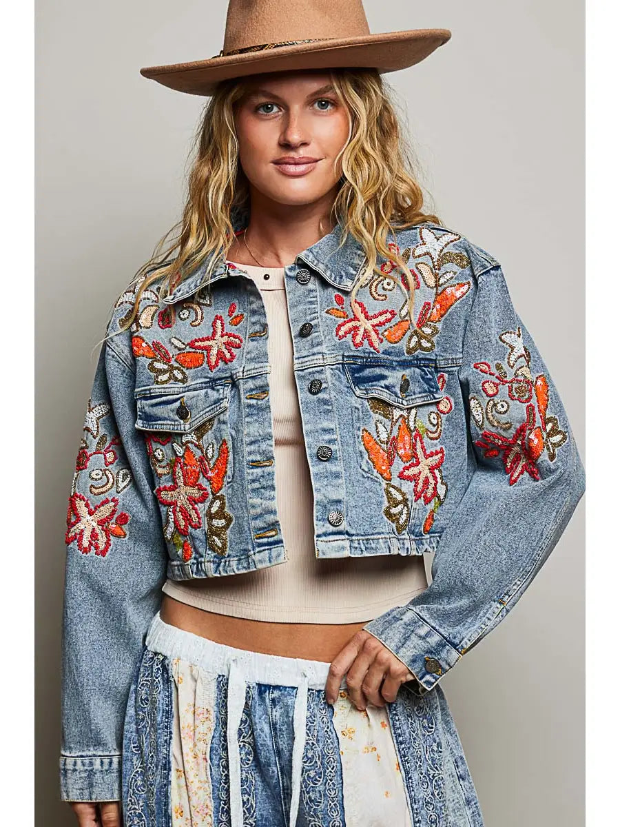 Beaded Embroidered Waist Tab Denim Jacket