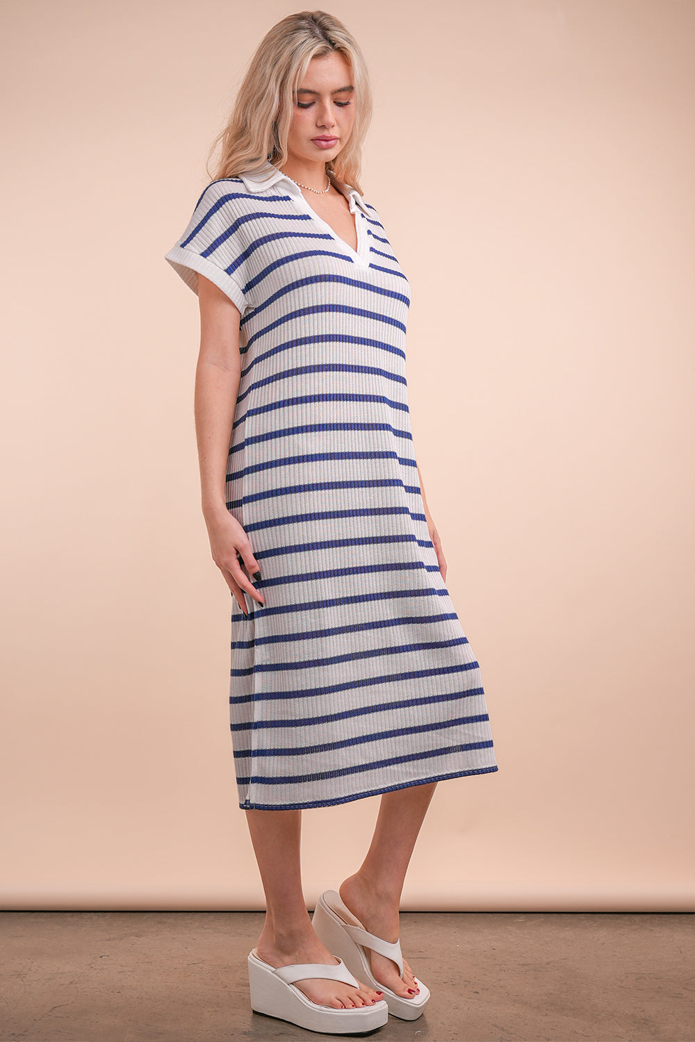 Oversized Collared Striped Midi Dress