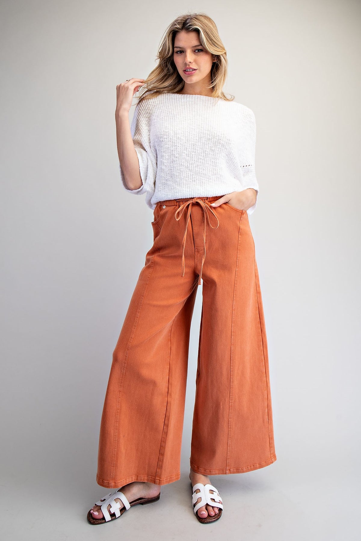 Mineral Washed Waist Tie Wide Leg Pants