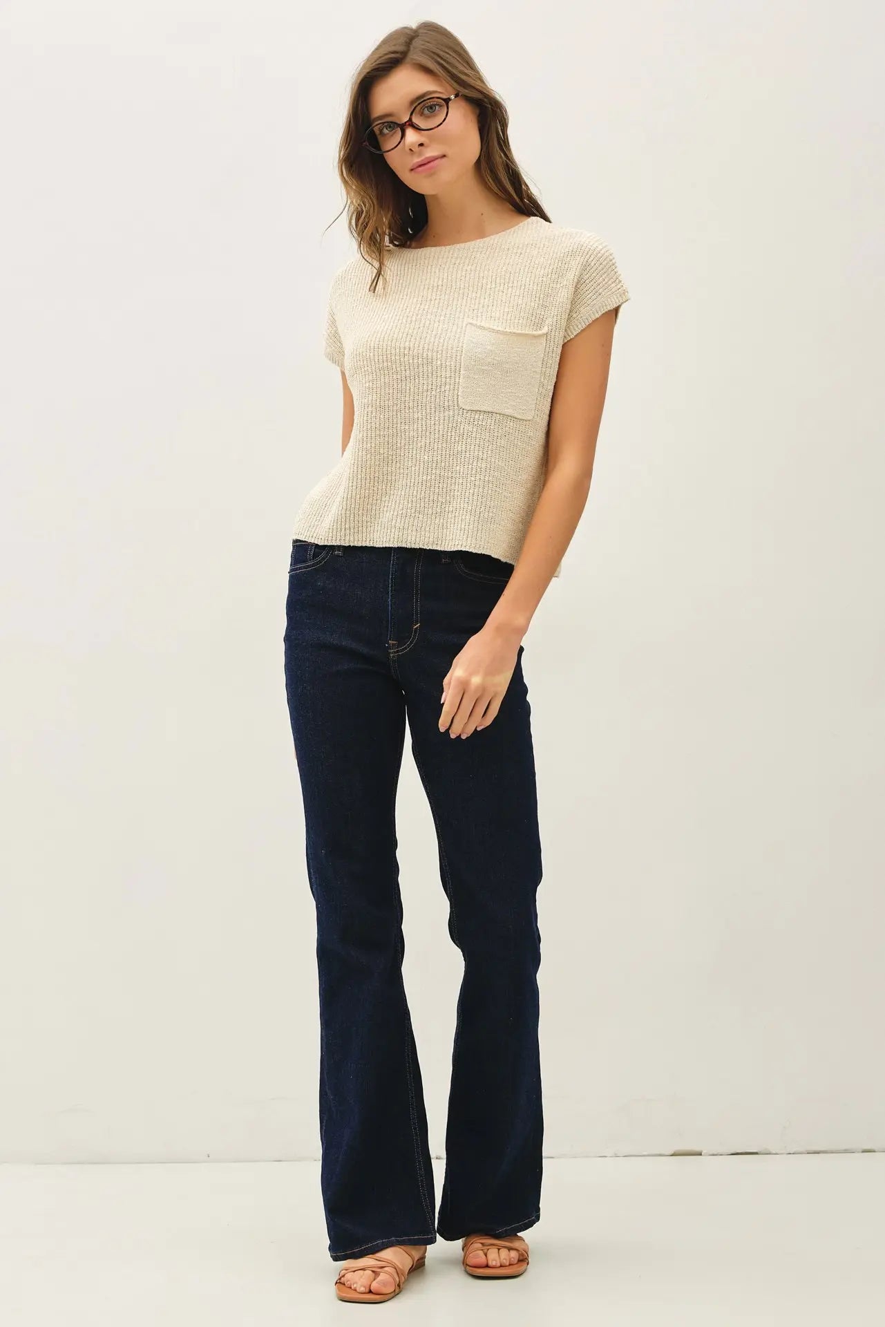 Boat Neck Dolman Cap Sleeve Boxy Knit Sweater Top with Patch Pocket