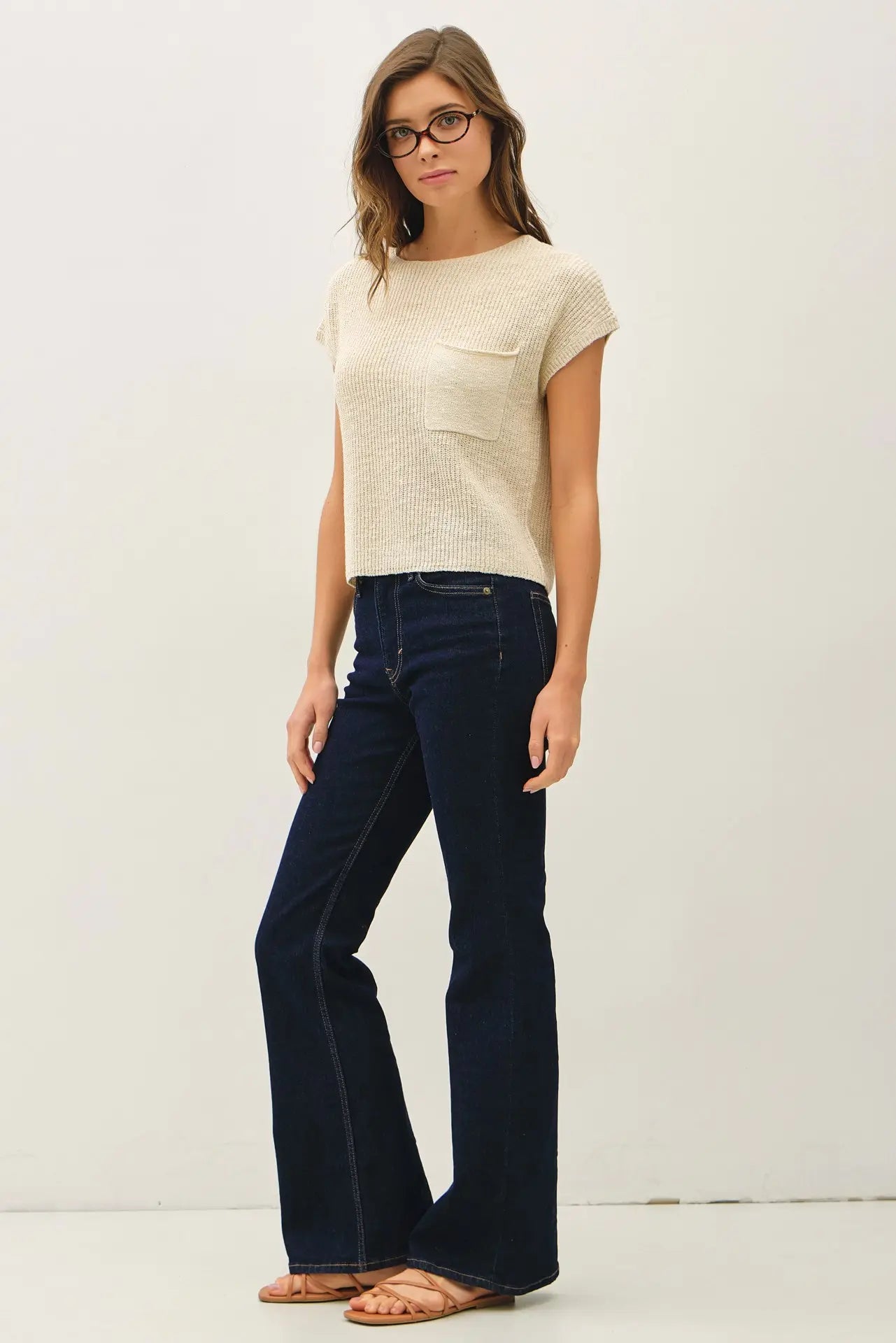 Boat Neck Dolman Cap Sleeve Boxy Knit Sweater Top with Patch Pocket