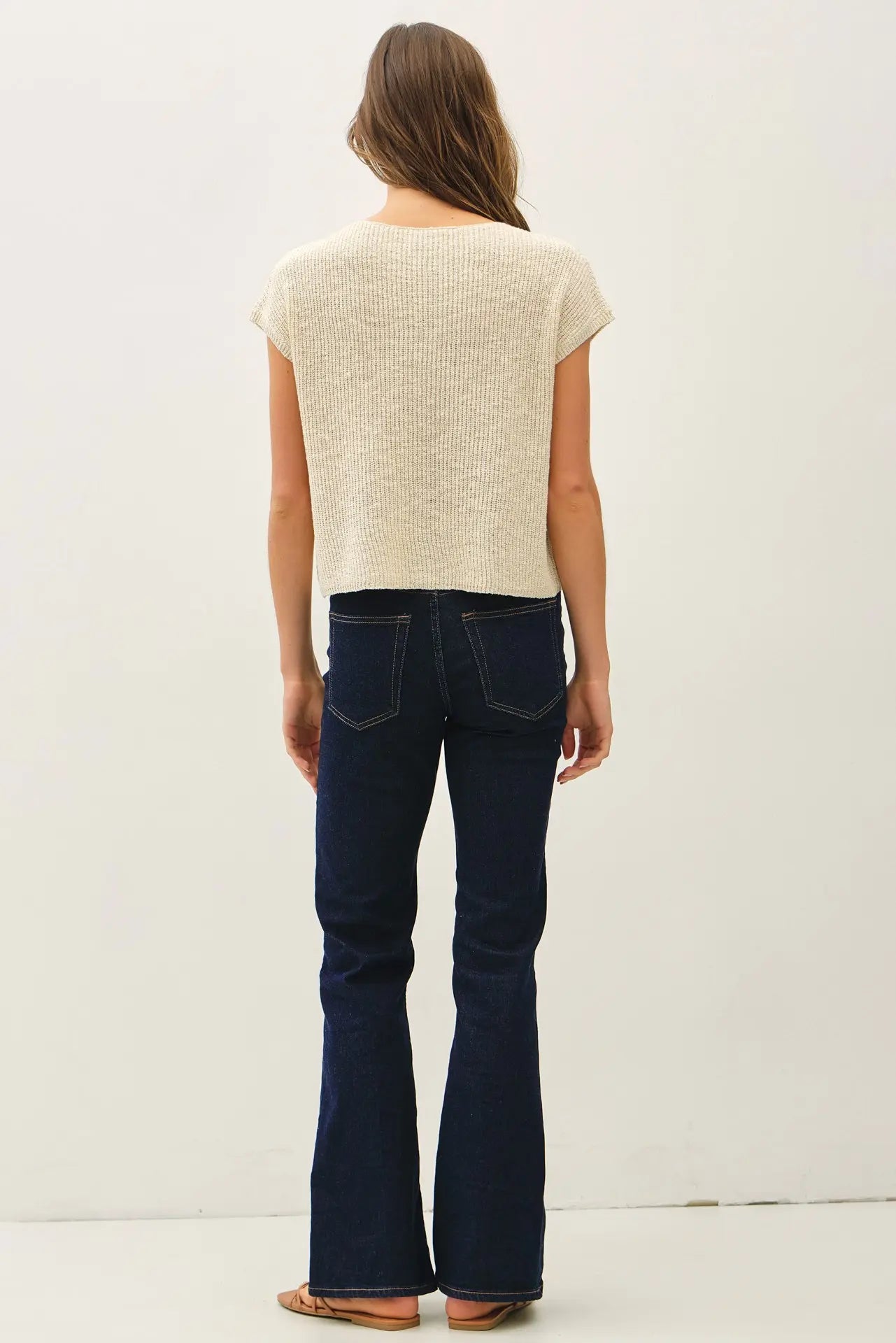 Boat Neck Dolman Cap Sleeve Boxy Knit Sweater Top with Patch Pocket