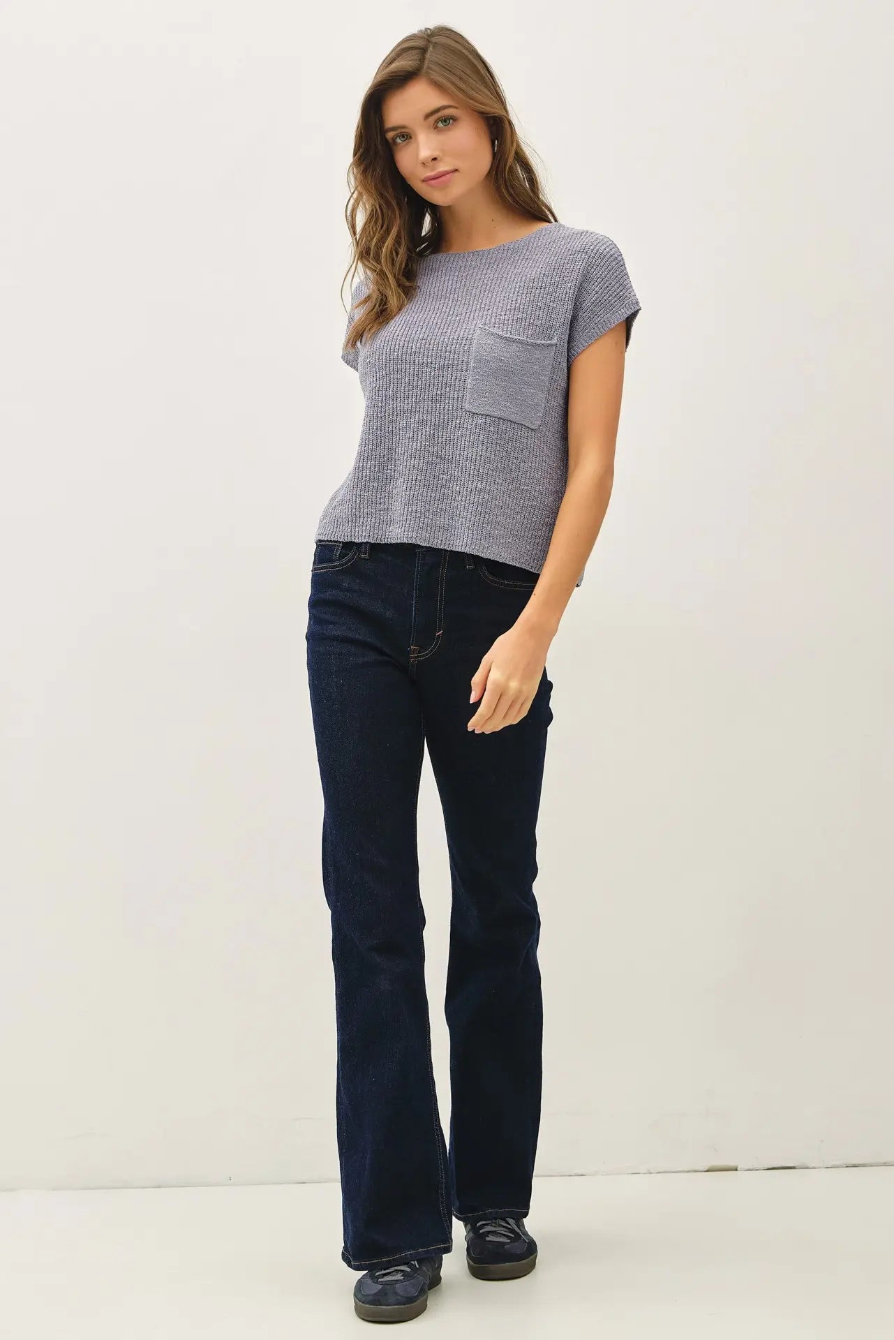 Boat Neck Dolman Cap Sleeve Boxy Knit Sweater Top with Patch Pocket