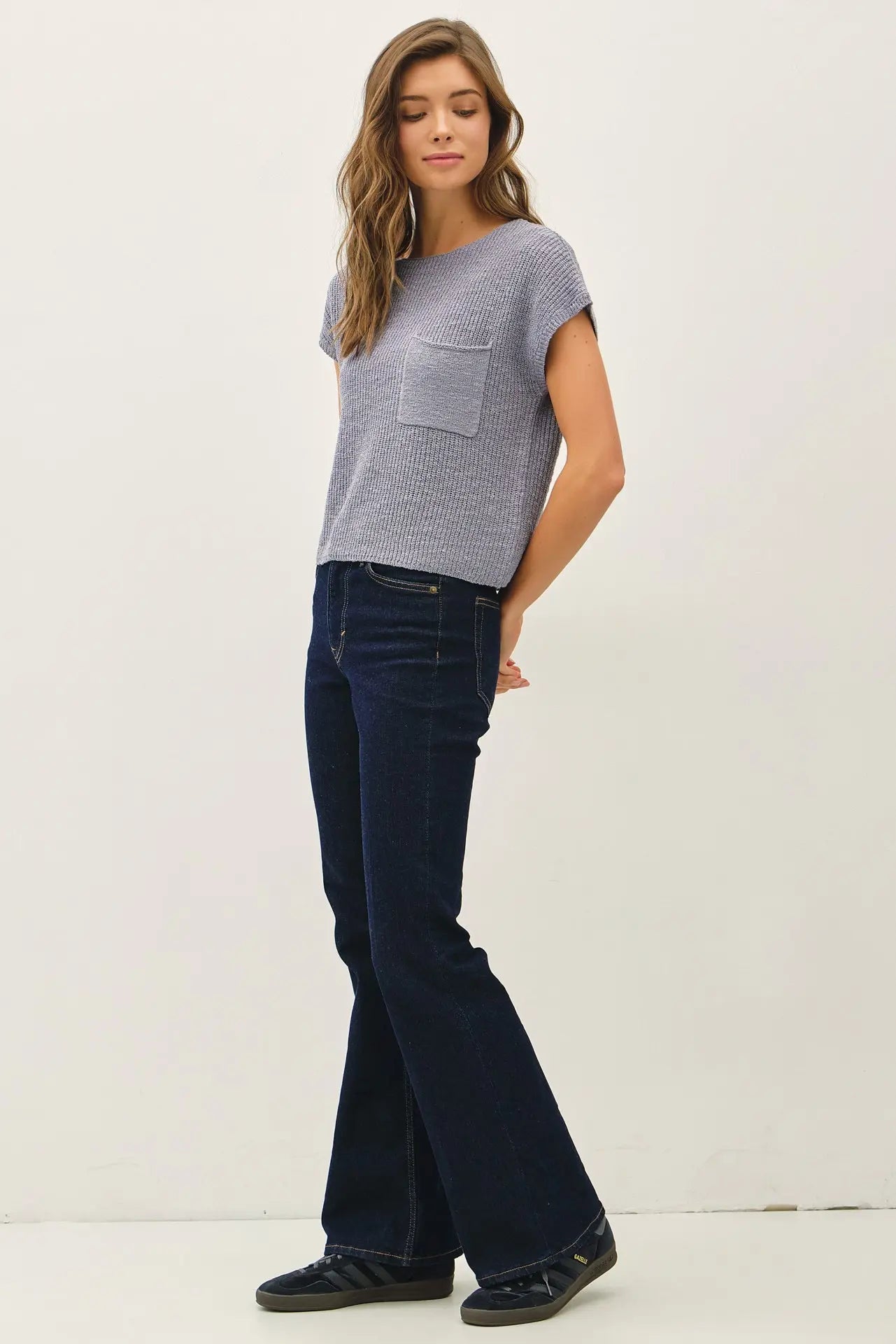 Boat Neck Dolman Cap Sleeve Boxy Knit Sweater Top with Patch Pocket
