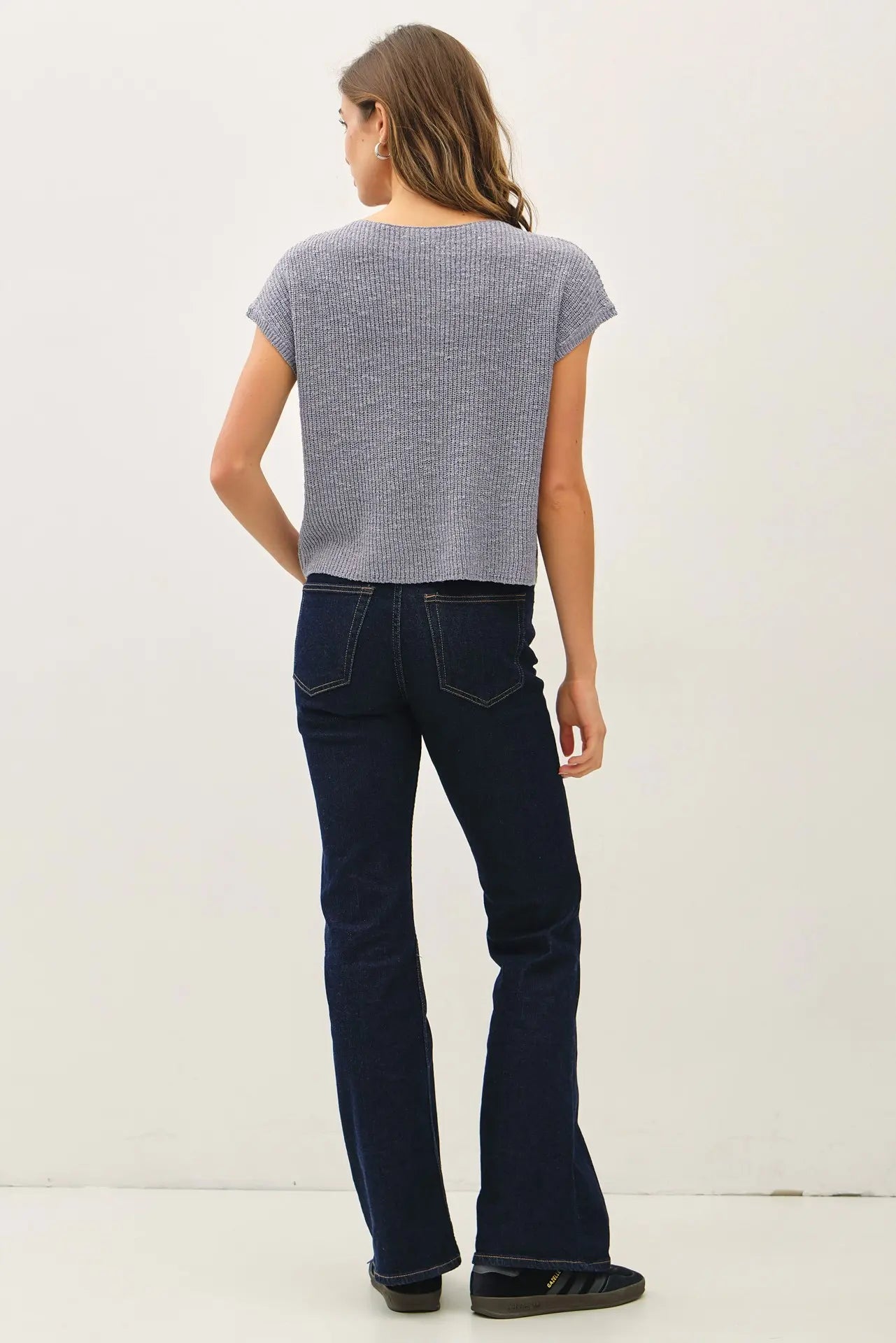 Boat Neck Dolman Cap Sleeve Boxy Knit Sweater Top with Patch Pocket