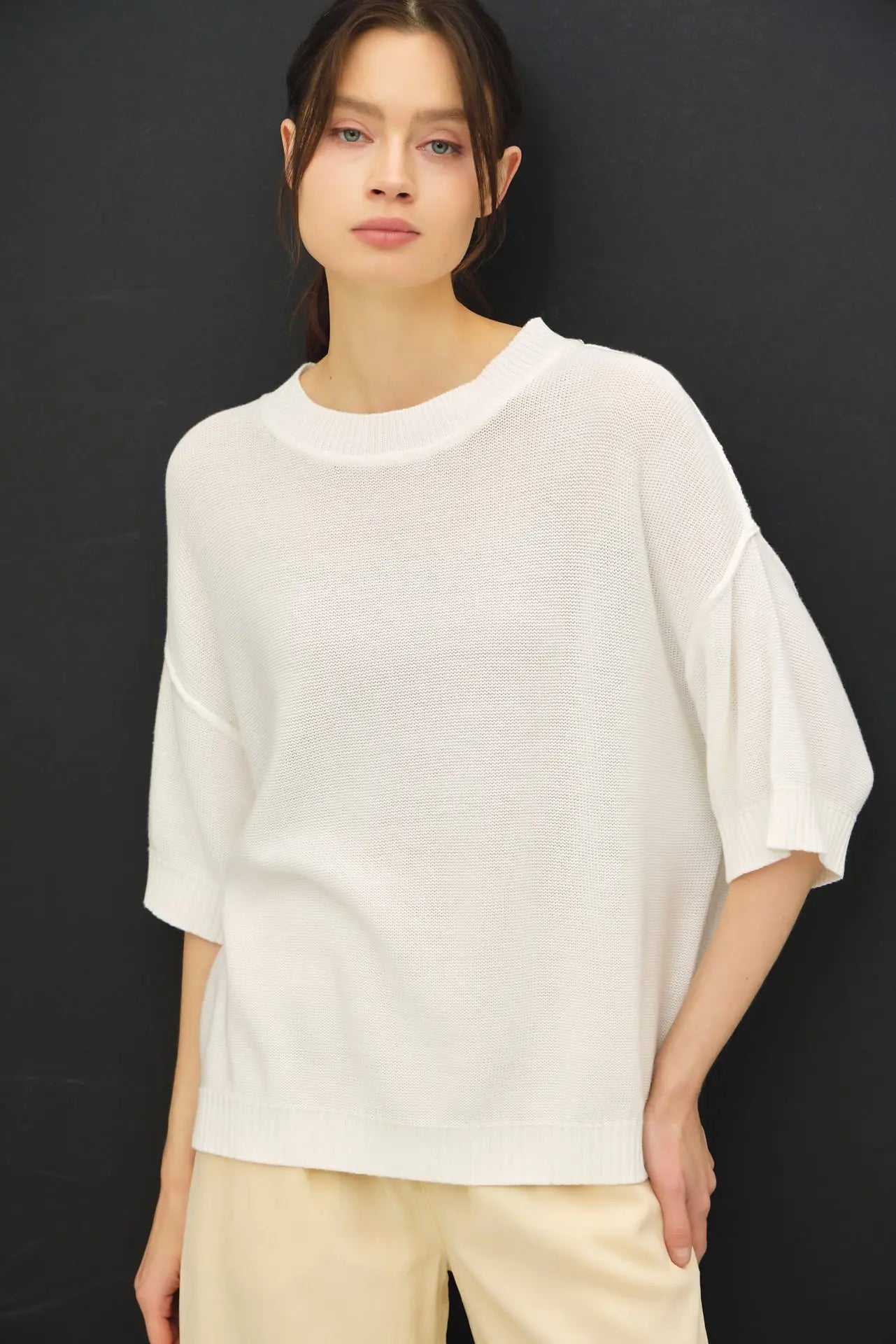 Oversized Drop Shoulder Raw Edge Knit Sweater Top