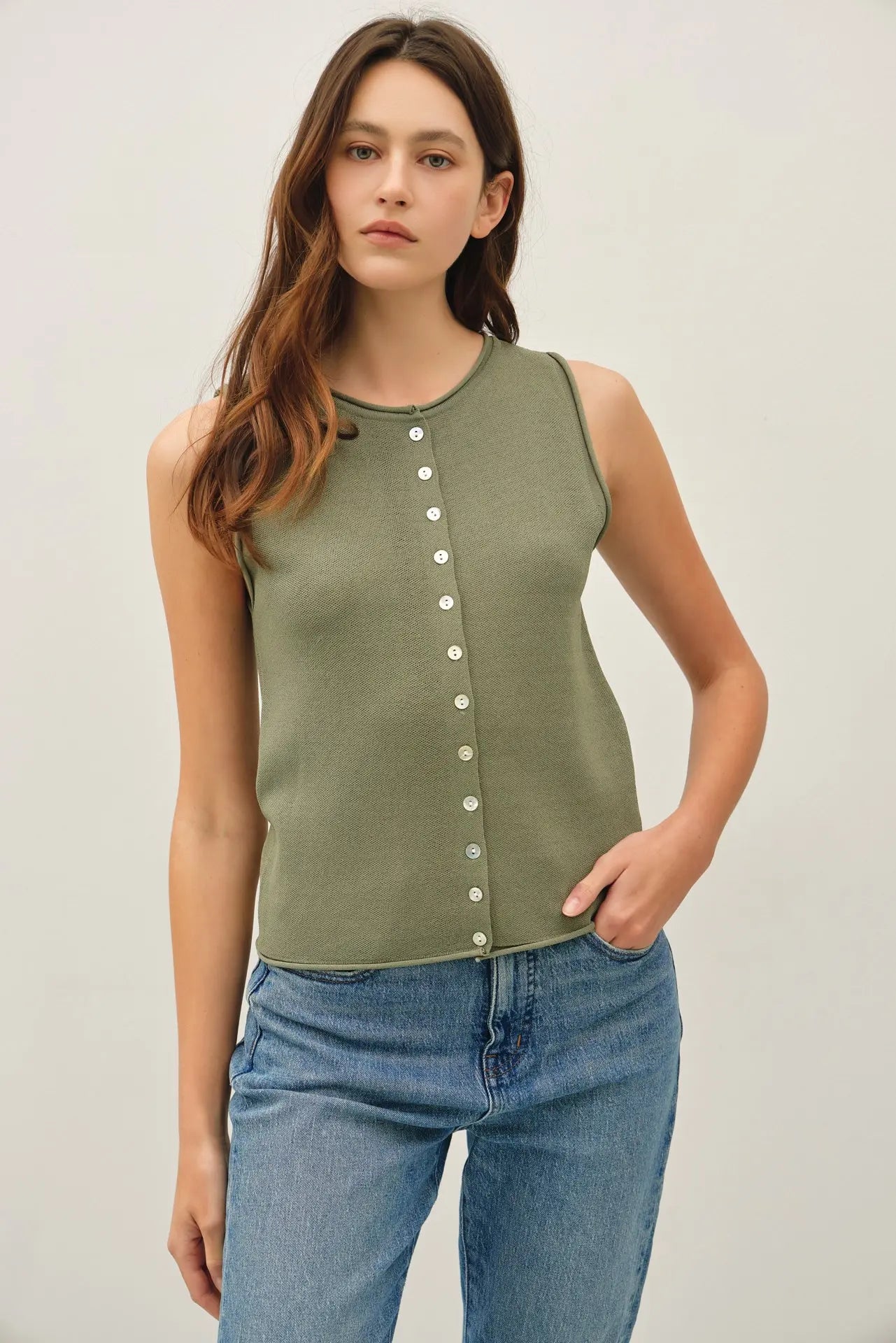 Rolled Hem Button Up Sweater Vest Top