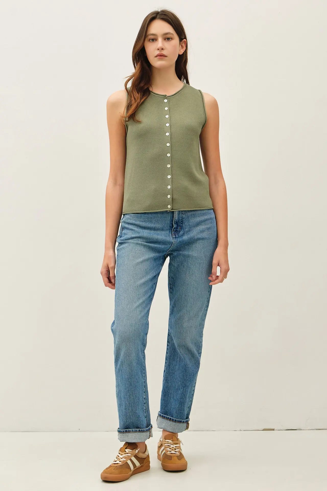 Rolled Hem Button Up Sweater Vest Top