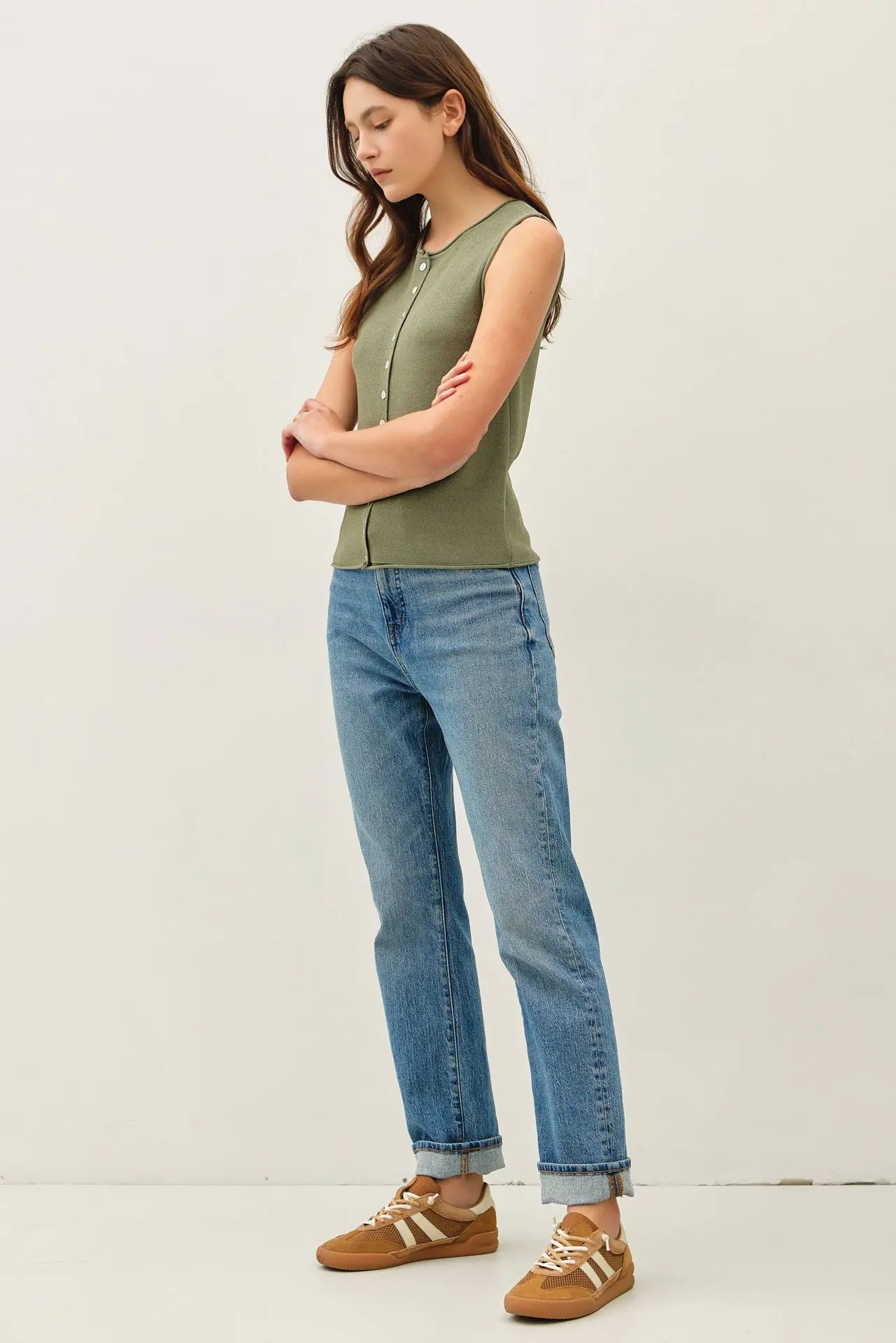Rolled Hem Button Up Sweater Vest Top