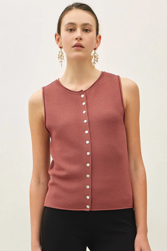 Rolled Hem Button Up Sweater Vest Top