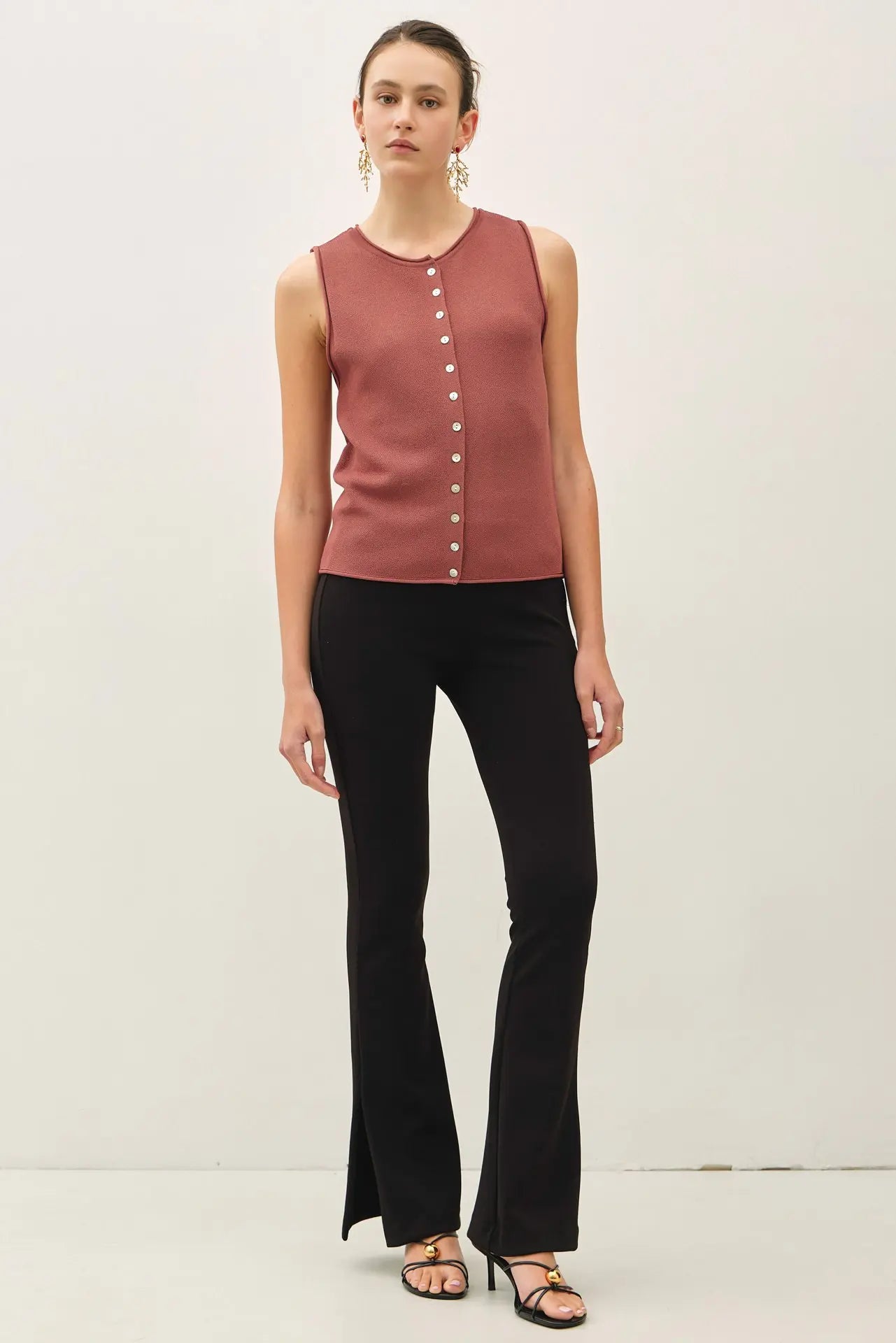 Rolled Hem Button Up Sweater Vest Top