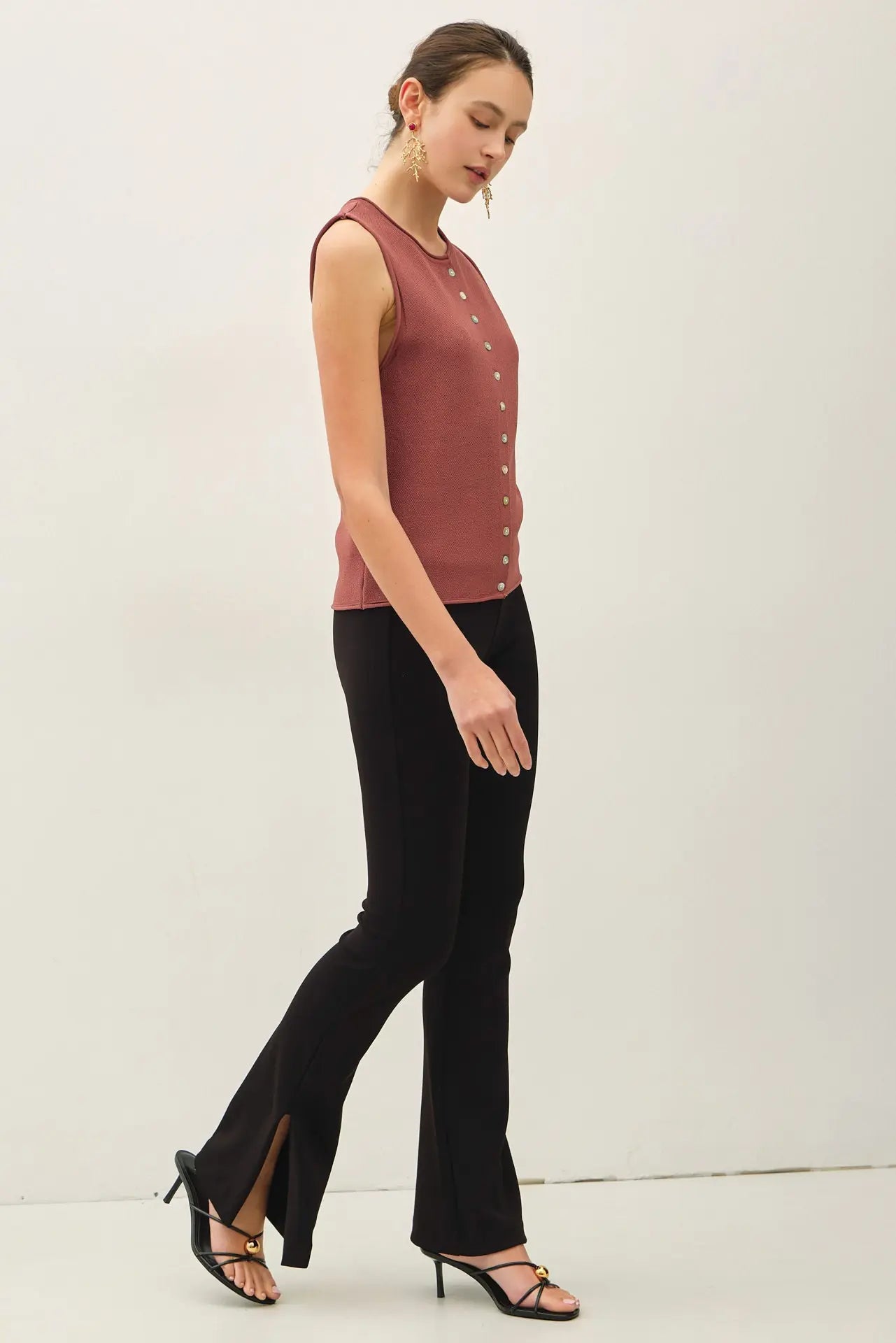 Rolled Hem Button Up Sweater Vest Top