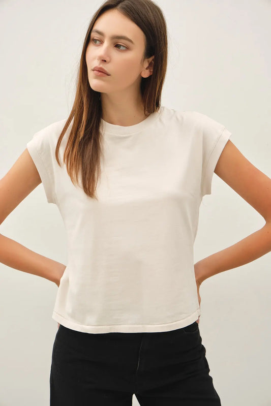 Garment Dyed Cotton Cap Sleeve Crew Neck Top