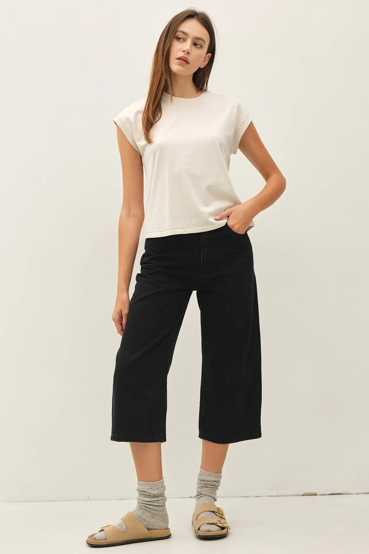 Garment Dyed Cotton Cap Sleeve Crew Neck Top