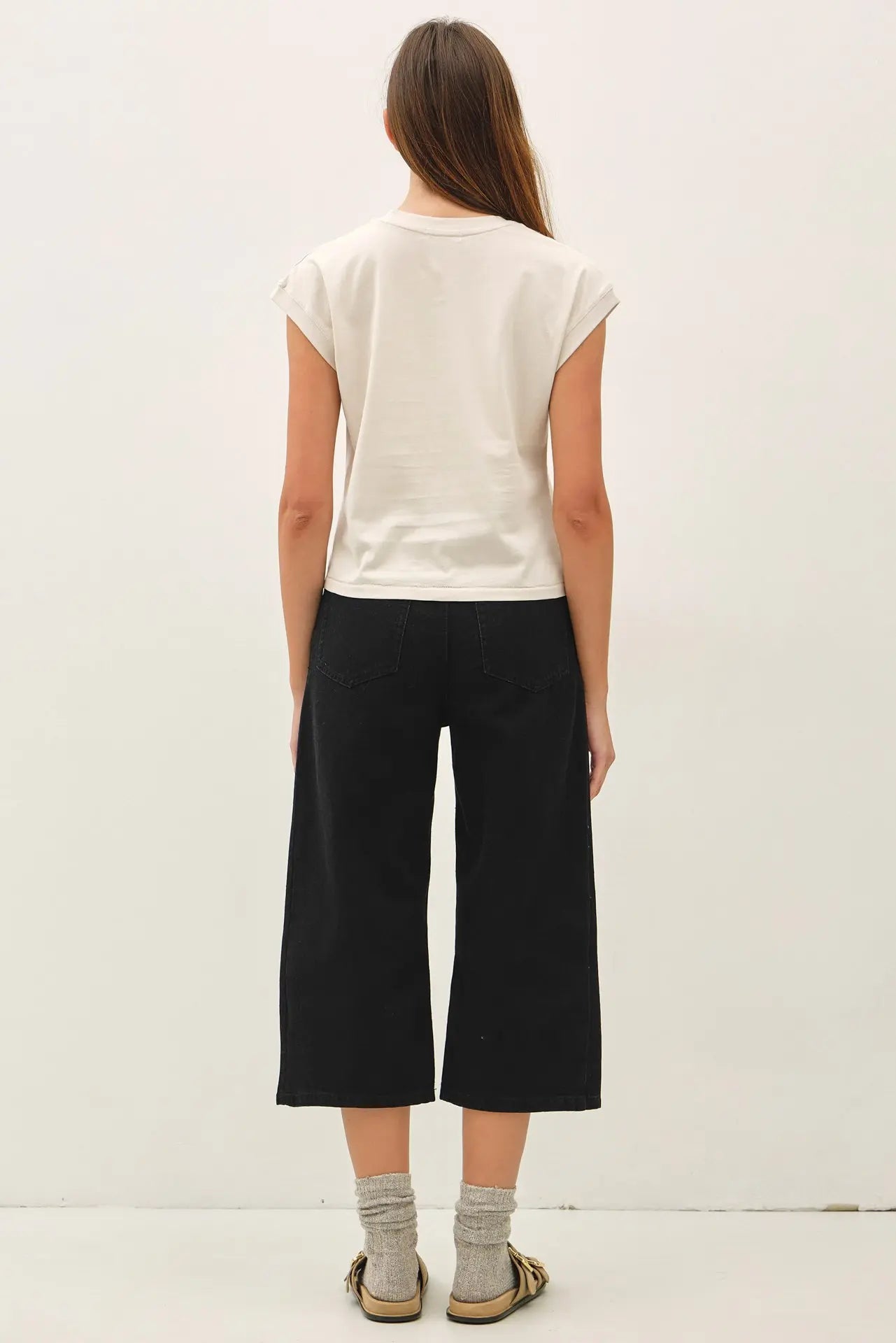 Garment Dyed Cotton Cap Sleeve Crew Neck Top