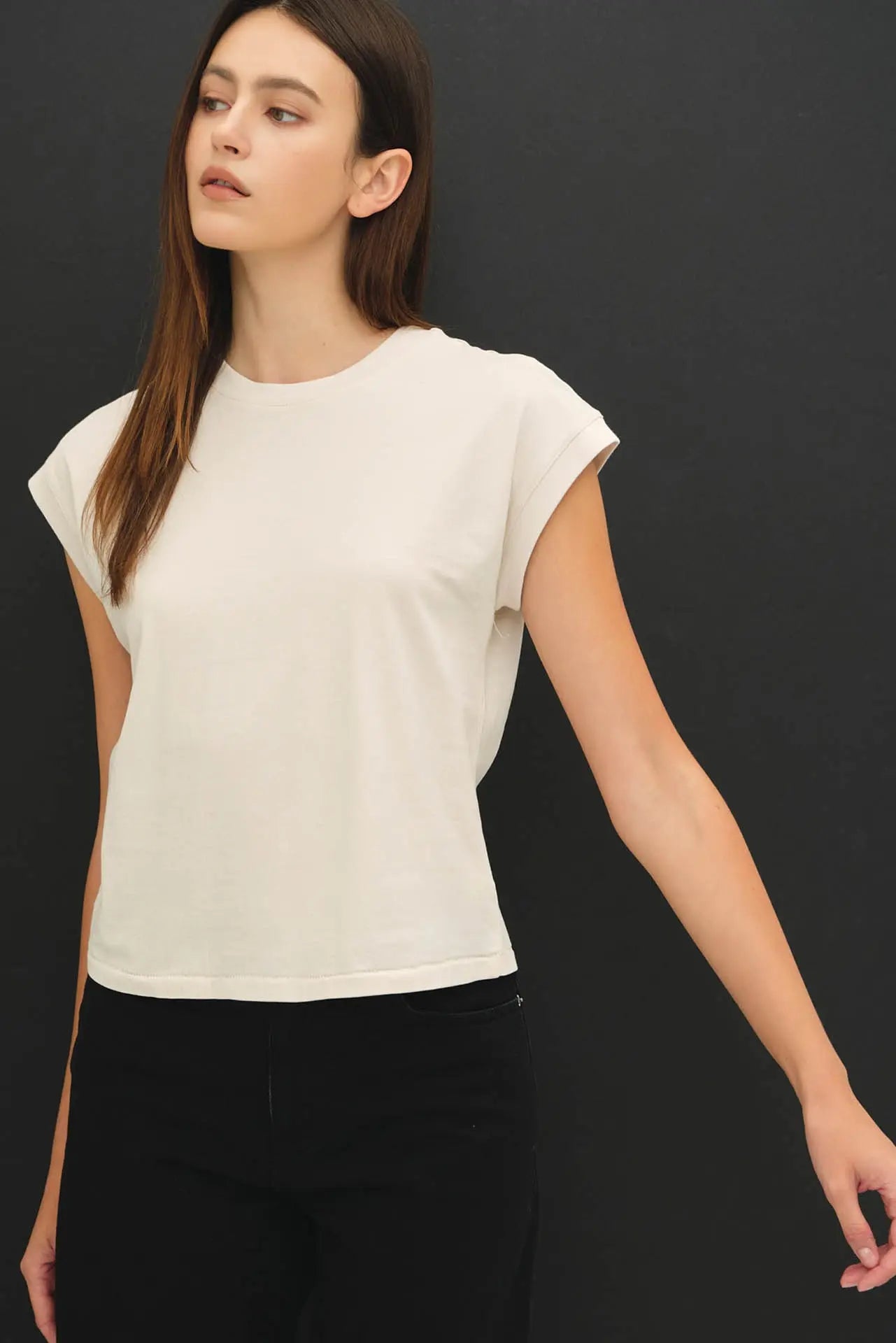Garment Dyed Cotton Cap Sleeve Crew Neck Top