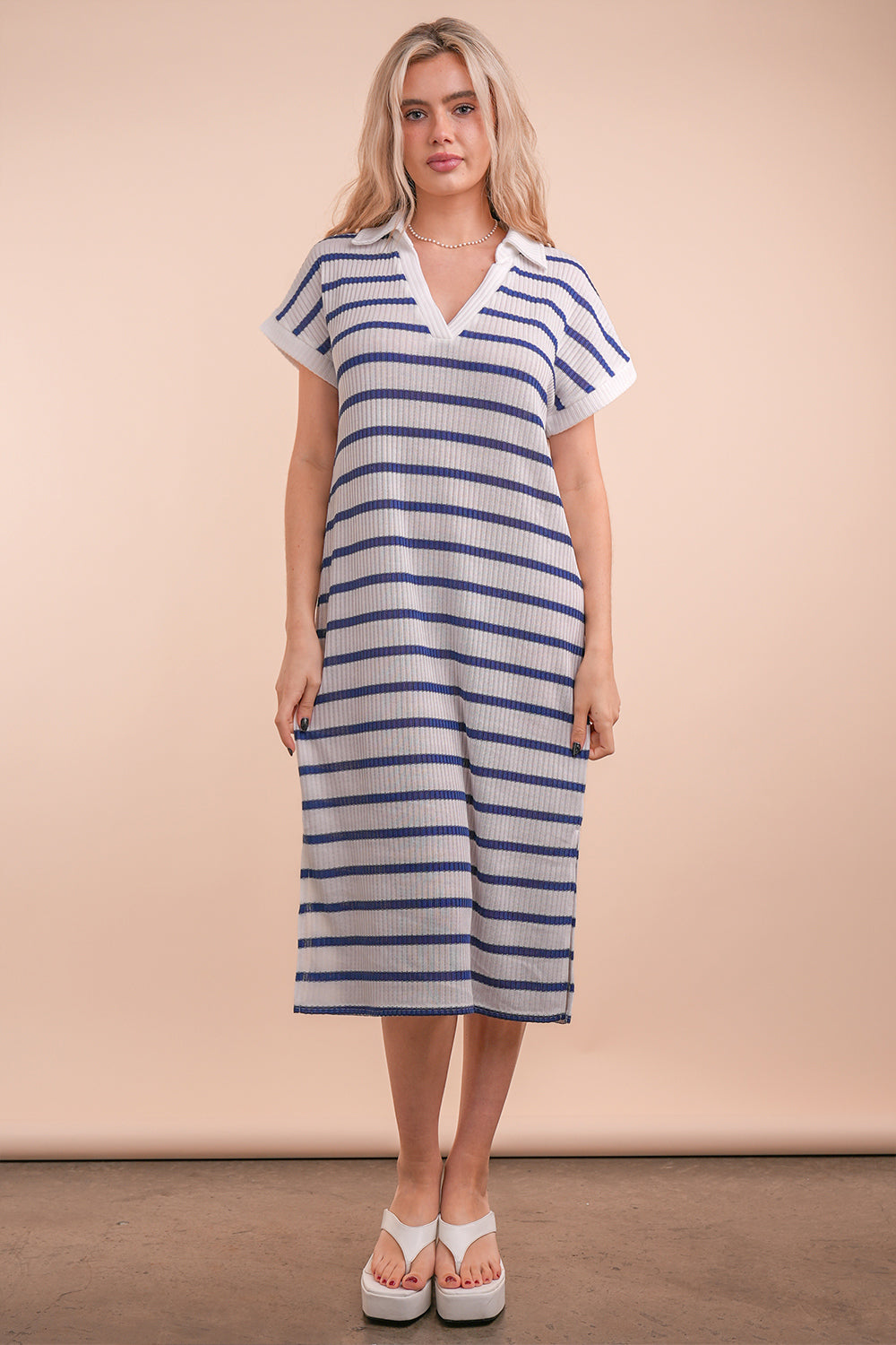 Oversized Collared Striped Midi Dress