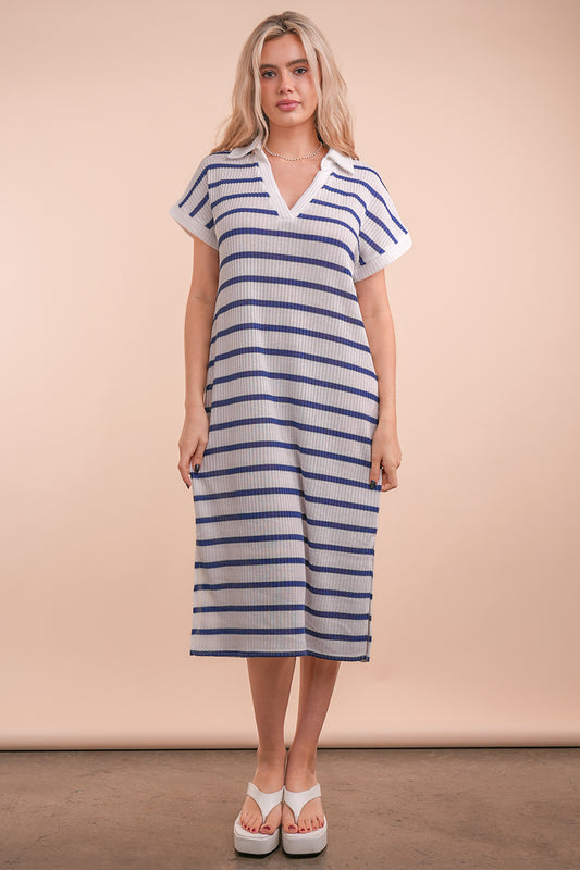 Oversized Collared Striped Midi Dress