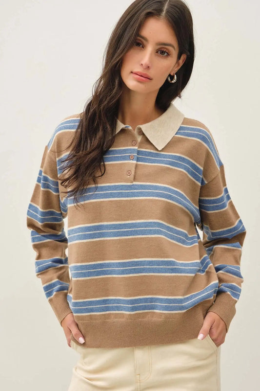 Wool Blended Collared Henley Neck Stripe Sweater