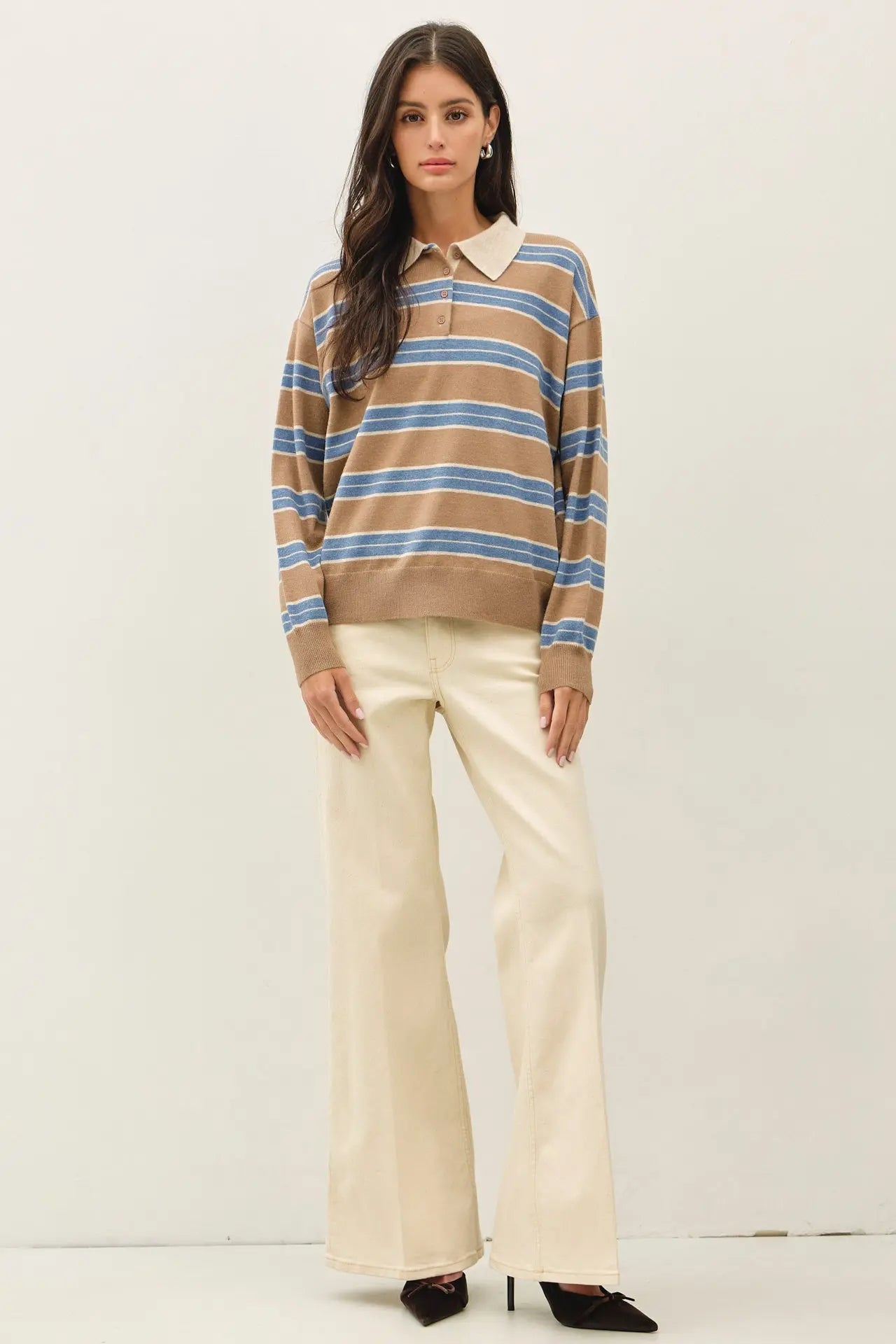 Wool Blended Collared Henley Neck Stripe Sweater