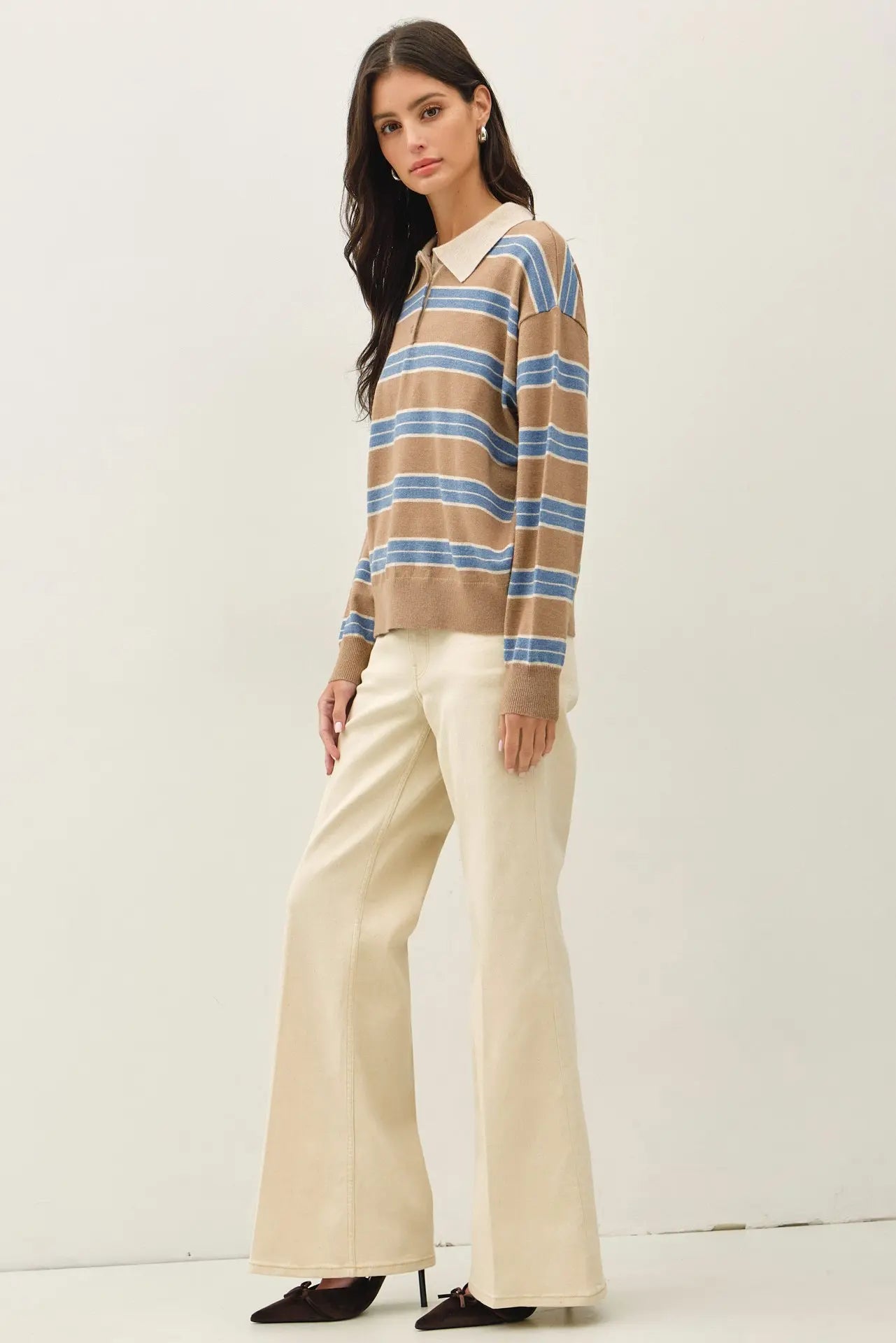 Wool Blended Collared Henley Neck Stripe Sweater