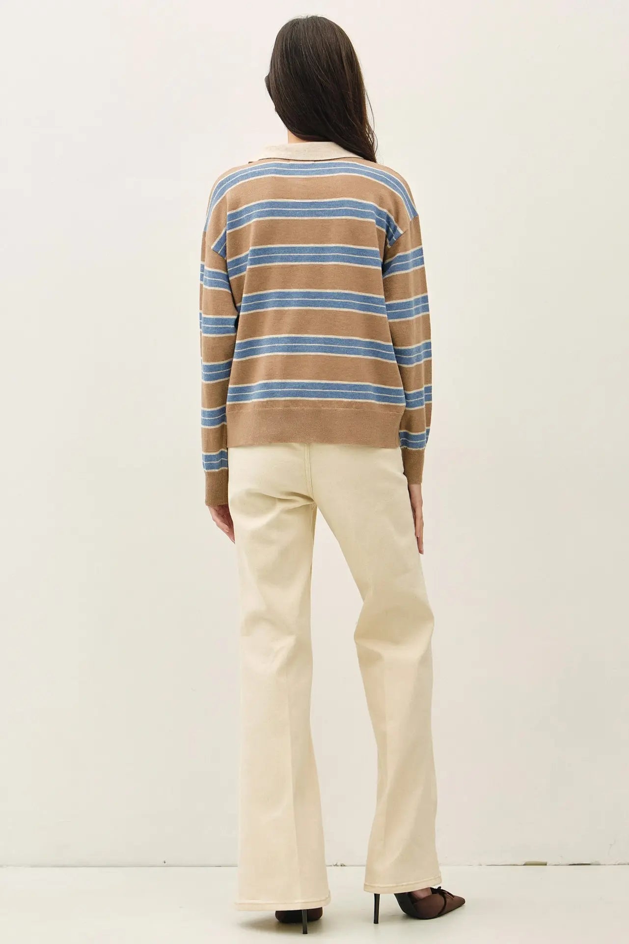Wool Blended Collared Henley Neck Stripe Sweater