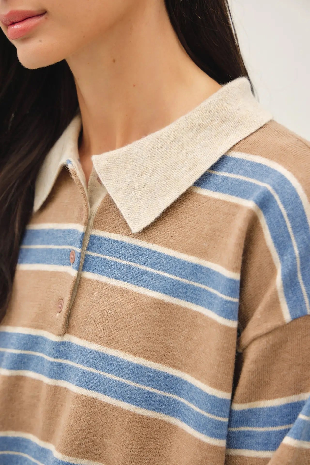 Wool Blended Collared Henley Neck Stripe Sweater