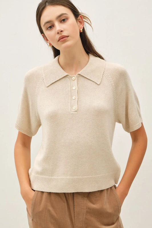 Wool Blended Raglan Volume Short Sleeve Polo Sweater