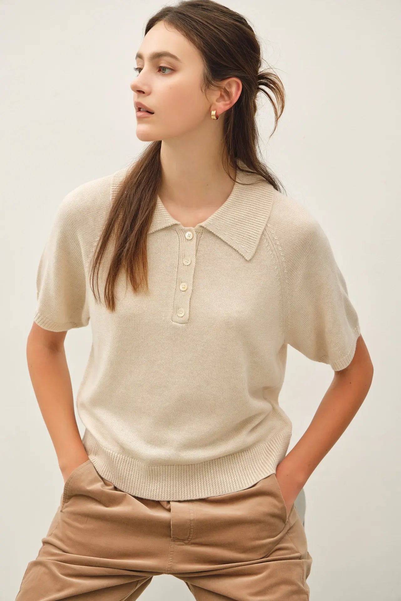 Wool Blended Raglan Volume Short Sleeve Polo Sweater