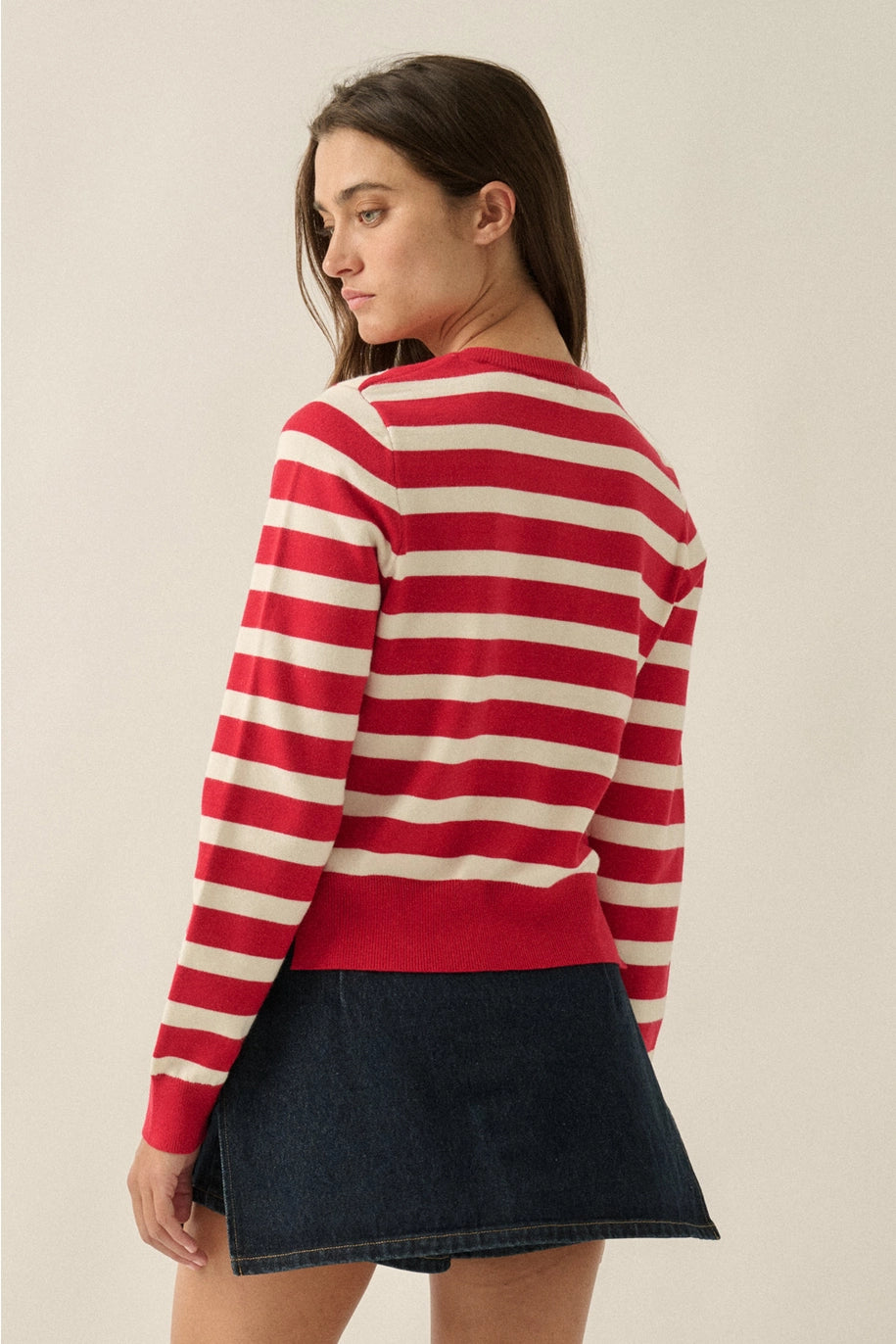 Striped Knit Round-Neck Button-Front Layered Cardigan