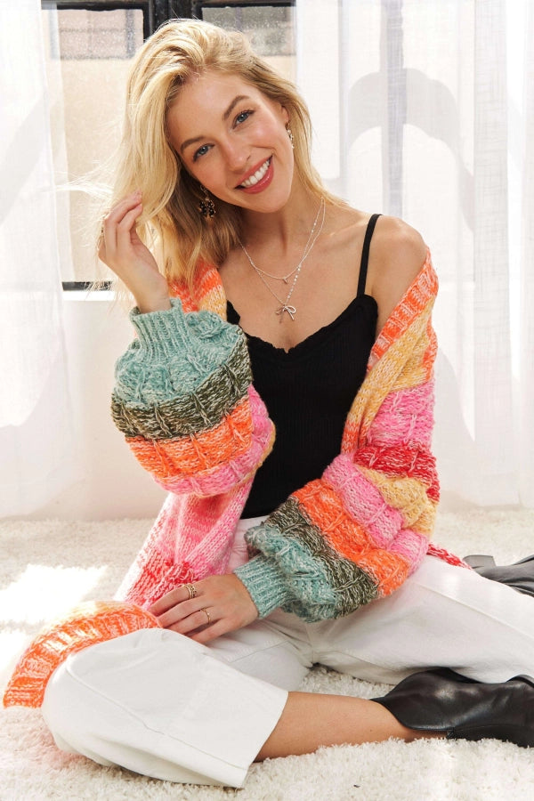 Long Puff Sleeve Multi Color Stripe Sweater Cardigan