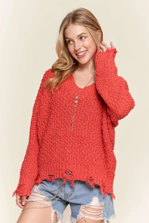 Distressed Boat Neck Knit Sweater