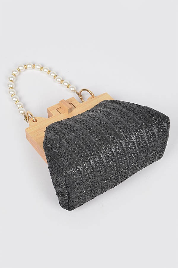 Faux Straw Wood Frame Clutch W/ Faux Pearl Chain