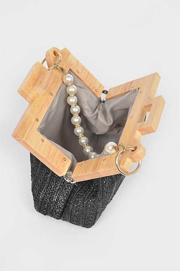 Faux Straw Wood Frame Clutch W/ Faux Pearl Chain