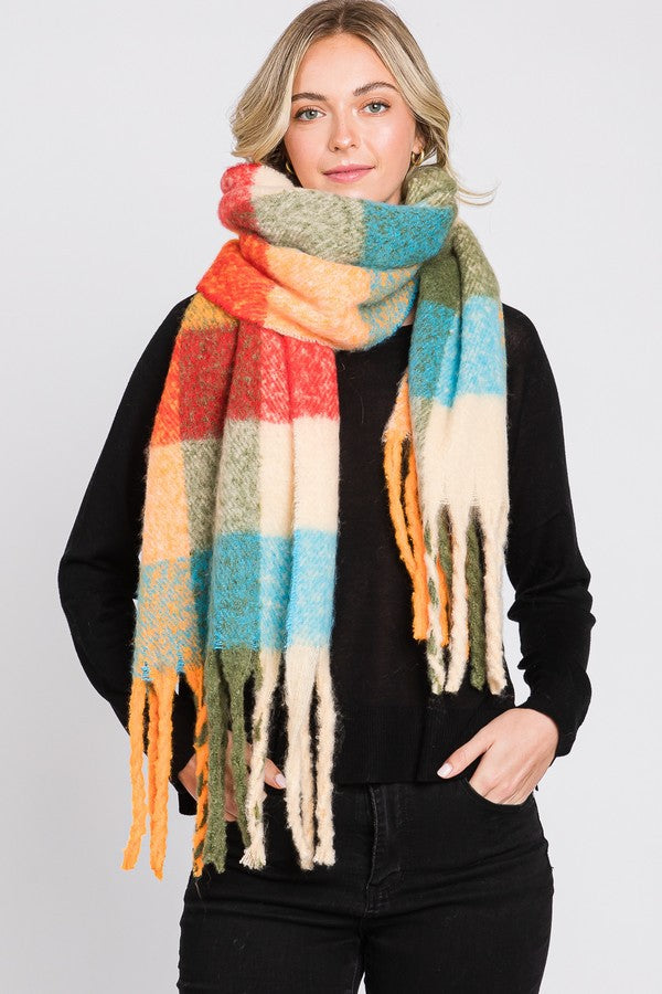Brushed Multi Color Plaid Ccarf With Fringe