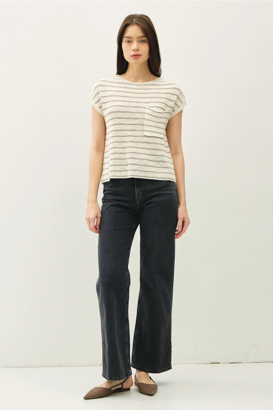 Lightweight Striped Knit Cap Sleeve Sweater Top with Pocket