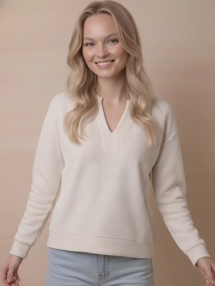Cloudy Knit Round Neck with V Cut Long Sleeve Top