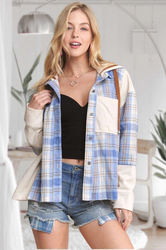 Button Down Plaid Casual Hoodie Shacket