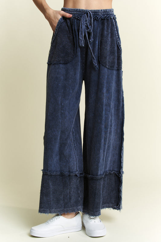Mineral Washed Wide Leg Pants w/ Raw Hem Frayed Details