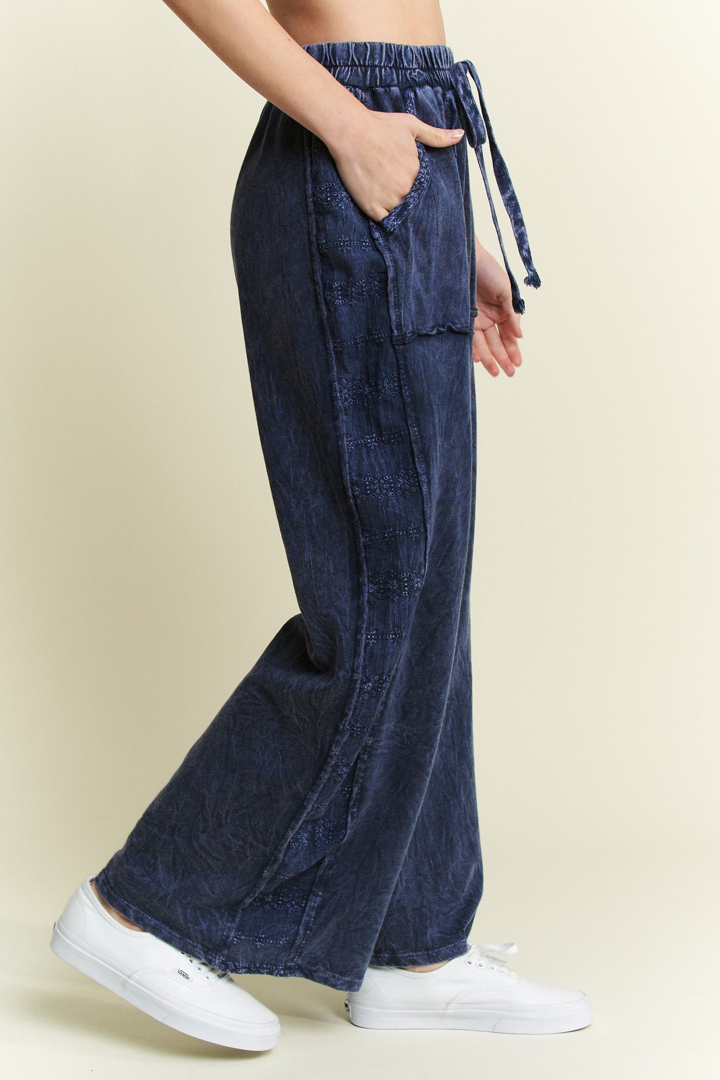 Mineral Washed Eyelet Detailed Side Wide Leg Pants