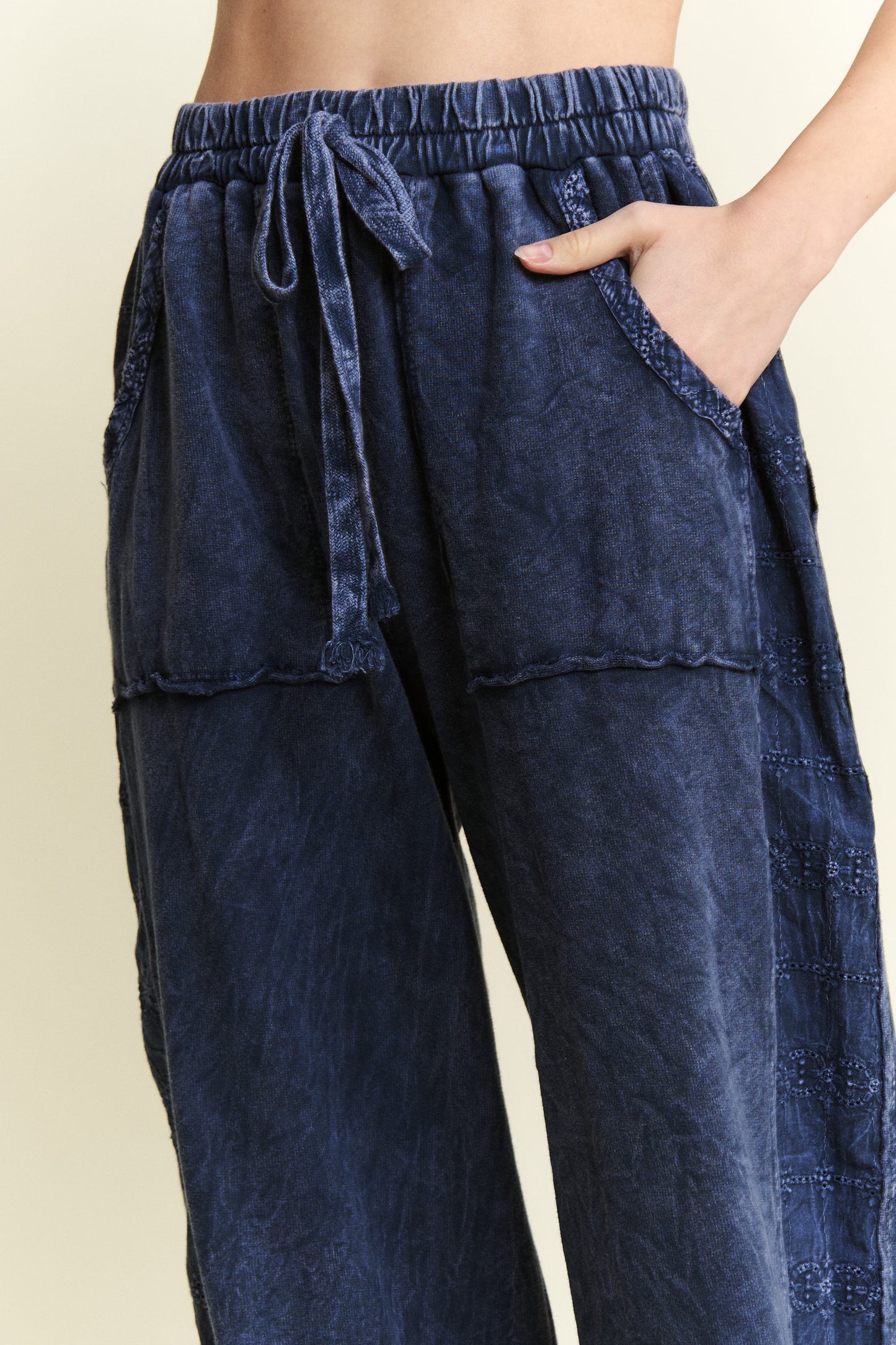 Mineral Washed Eyelet Detailed Side Wide Leg Pants