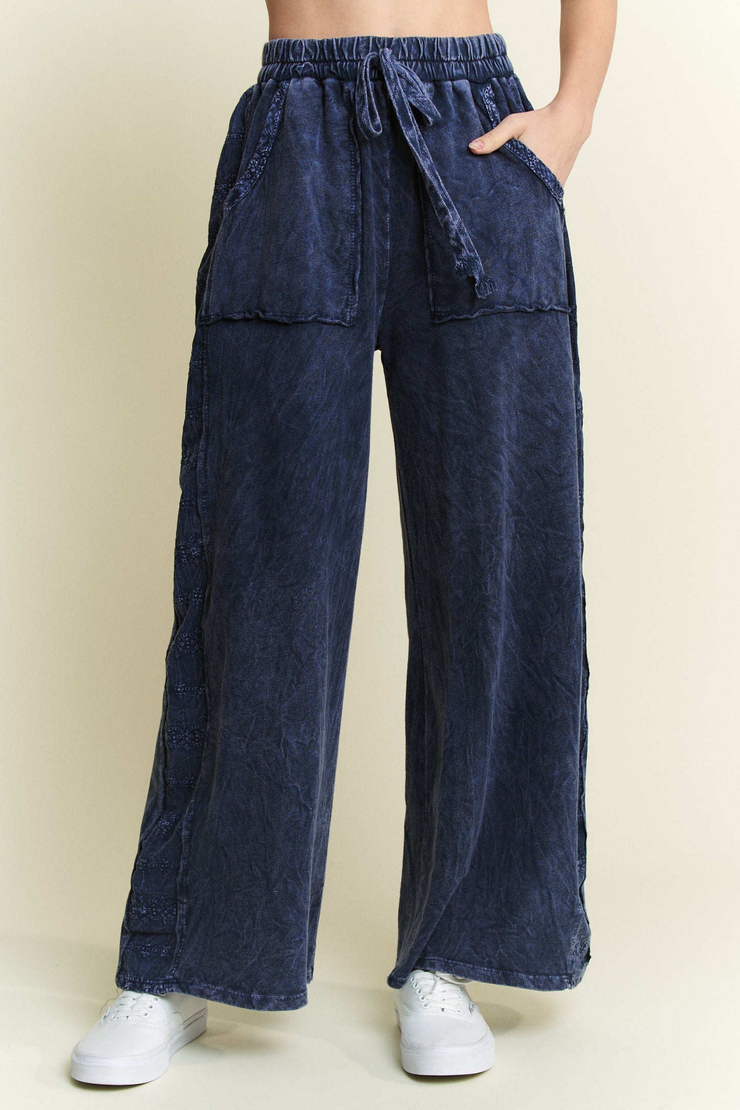 Mineral Washed Eyelet Detailed Side Wide Leg Pants