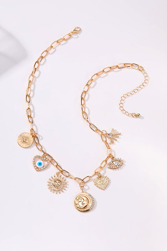 Charm Necklace-sun Evil Eye Heart Hammered Disc