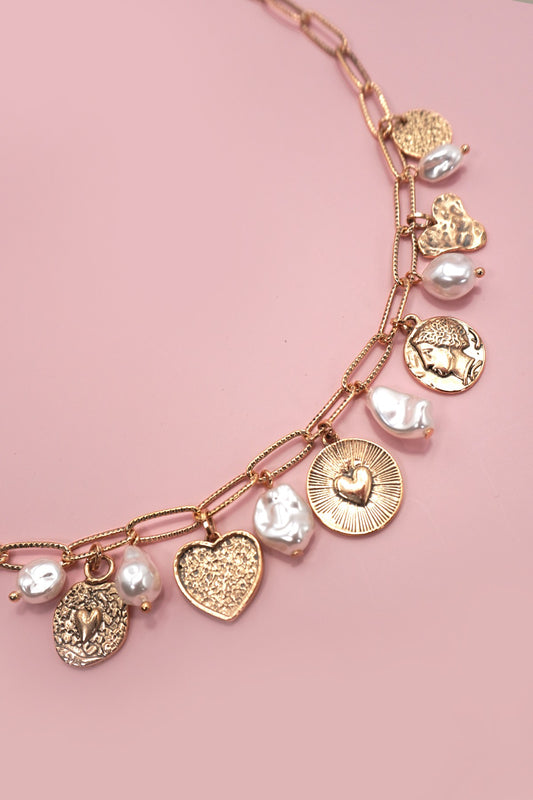 Heart Pearl Coin Charm Necklace