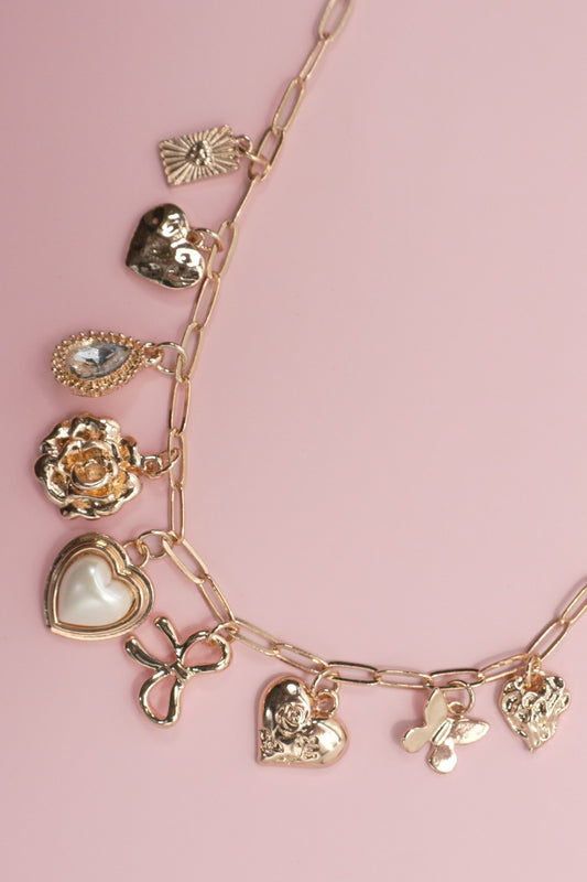 Bow Heart Rhinestone Flower Charm Necklace