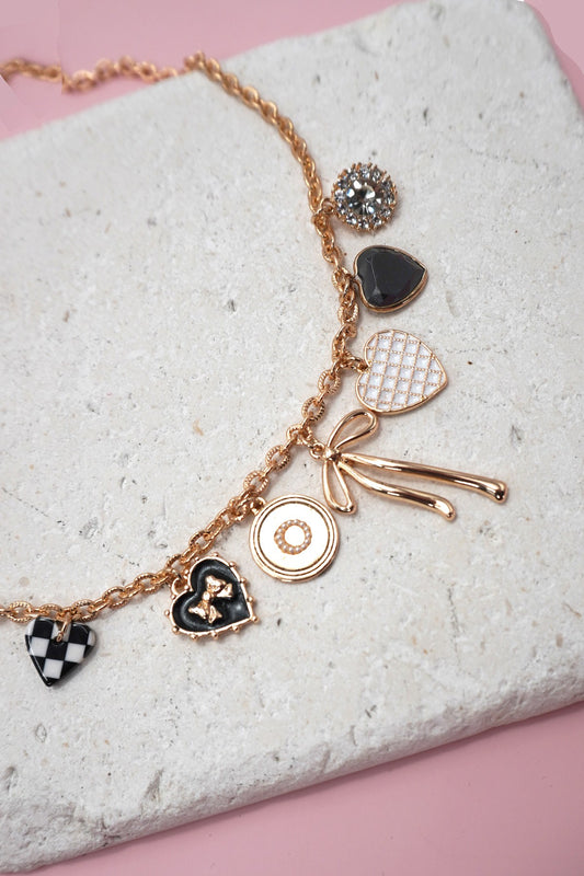 Bow, Checker Heart, Rhinestone Charm Necklace
